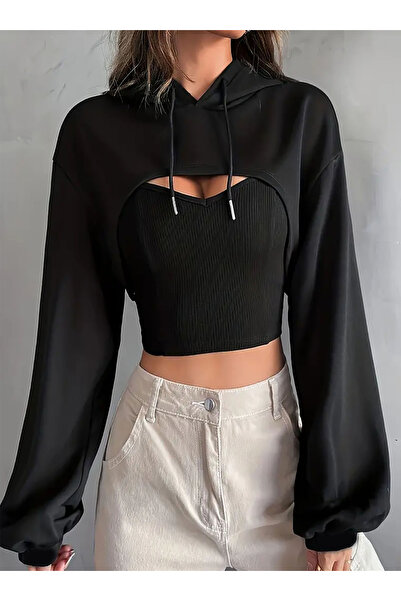 Jone Collection 87 Kapüşonlu Crop Sweatshirt Kadın Rahat ve Şık Giyim