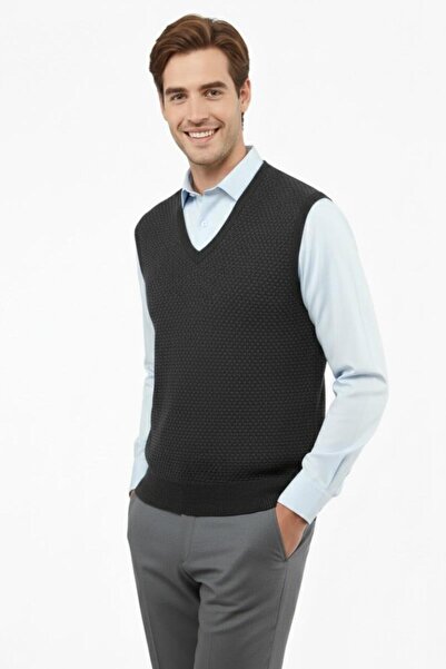 Çizgi Triko Men's V-Neck Sweater Steel Knit Regular Fit 5201H Bgl-St04842