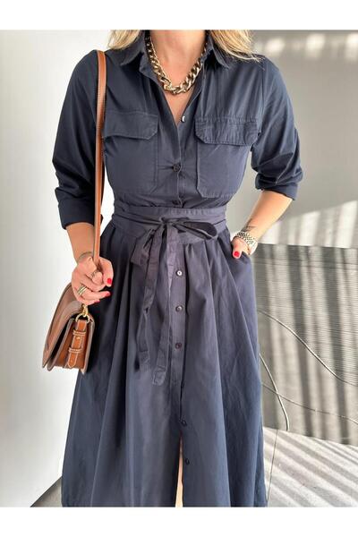 Zerrincan Giyim Lacivert Kuşaklı Gömlek Elbise