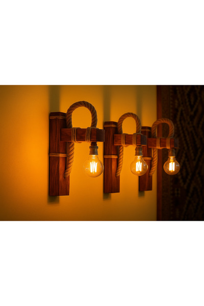 AYBÜK PABUÇ Rustik Halatlı Ahşap Duvar Apliği 3’lü – Edison Ampullü Dekoratif Duvar Lambası | Ampuller Dahil