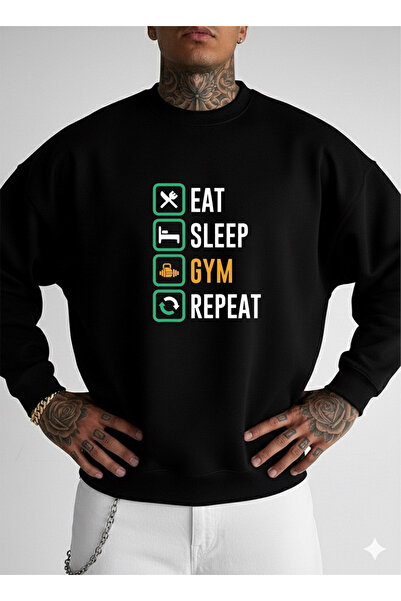 LORVEX Hanorac sport negru oversize pentru bărbați tricou EAT SLEEP imprimat
