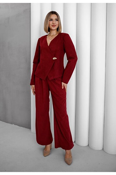 EsSo butik Corded Fabric Velvet Double-Breasted Collar Asymmetric Cut Jacket Wide Leg Plazzo Pants Two-Piece Set