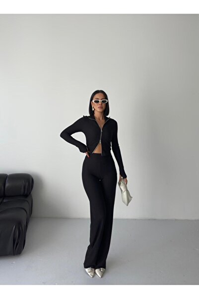 aytenli Polo Collar Snap Fastener Two-Way Zipper Top High-Waisted Pants Slimming Crisp Ottoman Set