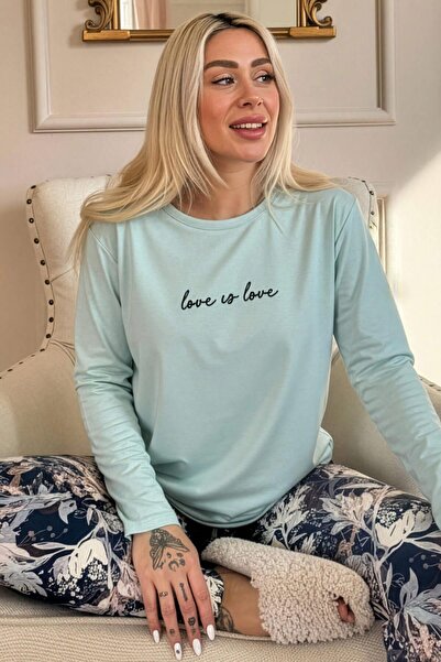 Pijamaevi Mint Love Is Love Patterned Long Sleeve Bamboo Knitted Women's Pajama Set