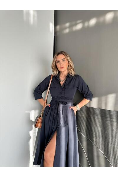 Zerrincan Giyim Lacivert Kuşaklı Gömlek Elbise