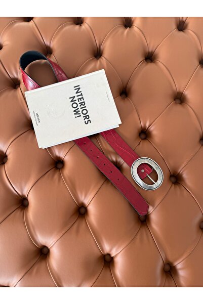 coaksco Kadın Büyük Oval Tokalı Rustik Kırmızı Renk Kemer