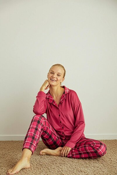 Pijamaevi Κόκκινο καρό σχέδιο θερμικό με κουμπιά μπροστά με μακρυμάνικο γυναικείο σετ πιτζάμες