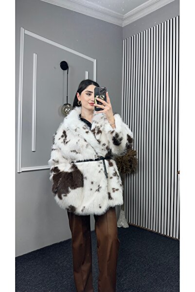 TEXXANA معطف فرو طويل أنيق بأكمام طويلة ونمط الباتيك مع حزام عالي الجودة