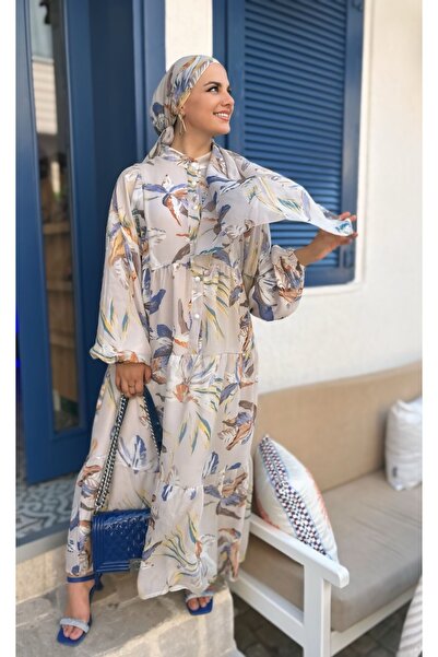 Loren Moda Desenli Kadın Tesettür Astarlı Düğmeli Pamuk Viskon Elbise Flovery