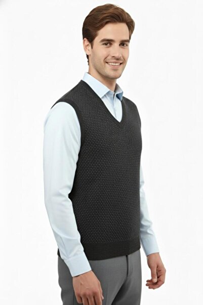 Çizgi Triko Men's V-Neck Sweater Steel Knit Regular Fit 5201H Bgl-St04842