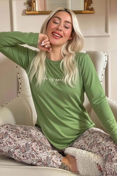 Pijamaevi Green Life Is Good Patterned Long Sleeve Bamboo Knitted Women's Pajama Set