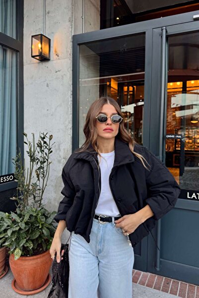 Sue Store Black Drawstring Waist Lined Oversized Puffer Jacket