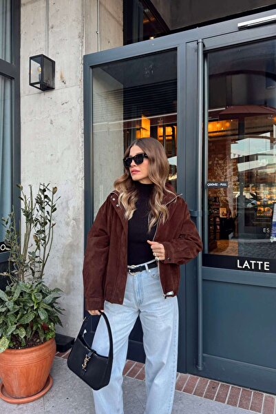 Sue Store Σκούρο καφέ σουέτ μπουφάν με ελαστική μέση και επένδυση ψηλός λαιμός