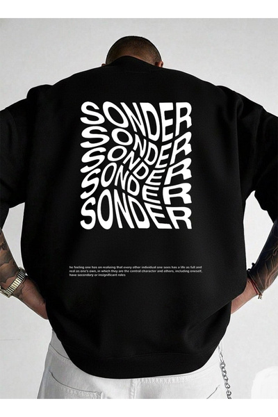 LORVEX سويت شيرت أسود برقبة دائرية قصة فضفاضة للجنسين SONDER مطبوع