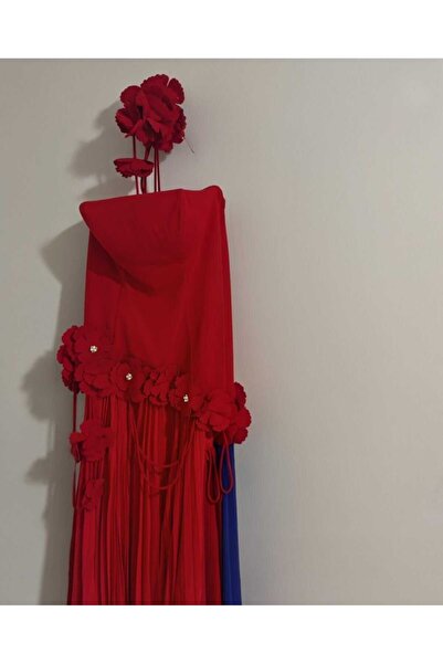 MOONDRESS KADIN ABİYE STRAPLEZ ÜST PLİSE ETEK ÇİÇEK DETAYLI ŞIK ELBİSE
