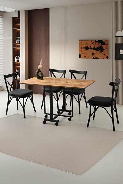 Sweet Home Masa Sandalye Katlanır Lizbon Metal Portatif Tekerlekli Masa 4 Adet Çapraz Sandalye Takım