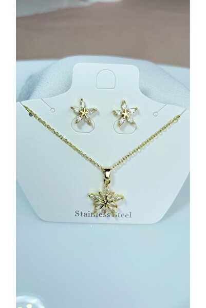 NİSA HOME zirkom Taşlı Zarif Kadın Küpe ve Kolye Seti | Işıltılı Altın Kaplam...