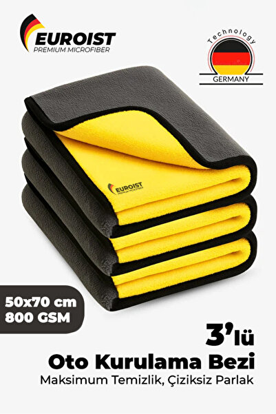 euroist Araba Kurulama Bezi, Ultra Emici Mikrofiber, 800 GSM, Çift Katlı Havl...