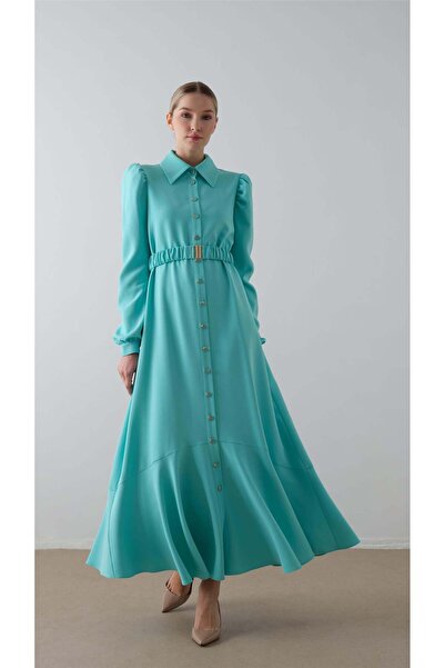 miha Hicran Önal BELİ LASTİK KEMERLİ DÜĞMELİ ELBİSE Mavi