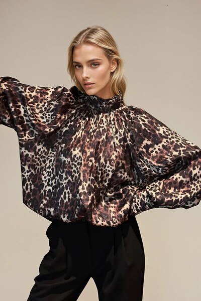 OLSAMODA Women's Leopard Printed Casual Satin Blouse with Collar and Cuff Detail