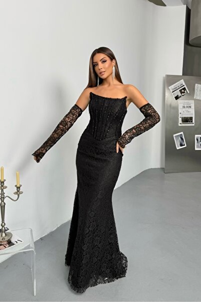 İyem Abiye Dantel Detaylı Kollu Ve Taş İşlemeli Şık Tasarım Abiye Elbise Dar ...