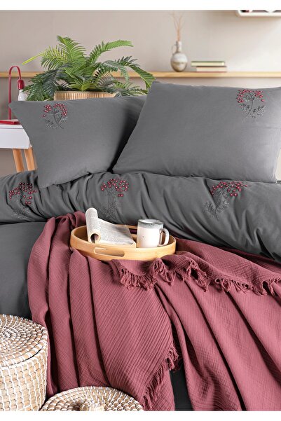 SHome Set de lenjerie de pat dublu bumbac 100% Ranforce brodat manual – elega...