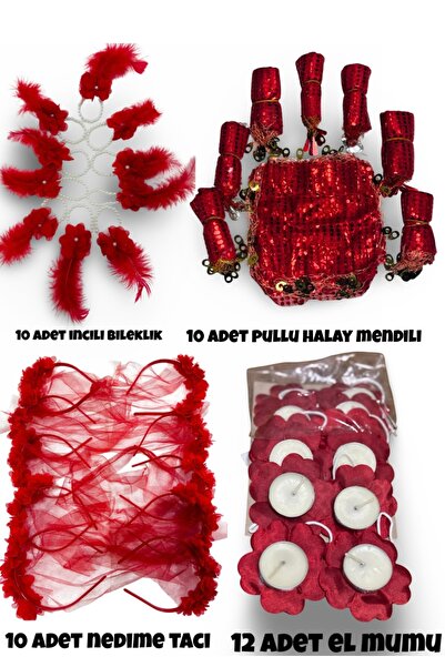 Muensu 42 Parça Kına Gecesi Seti, El Mumu, Nedime Tacı, Halay Mendili, İncili...
