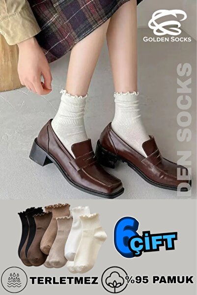 GOLDEN SOCKS 6 Çift Fırfırlı Kadın Pamuklu Çorap, Lastiksiz Soket Çorap, Sıkmayan Çorap