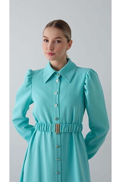 miha Hicran Önal BELİ LASTİK KEMERLİ DÜĞMELİ ELBİSE Mavi