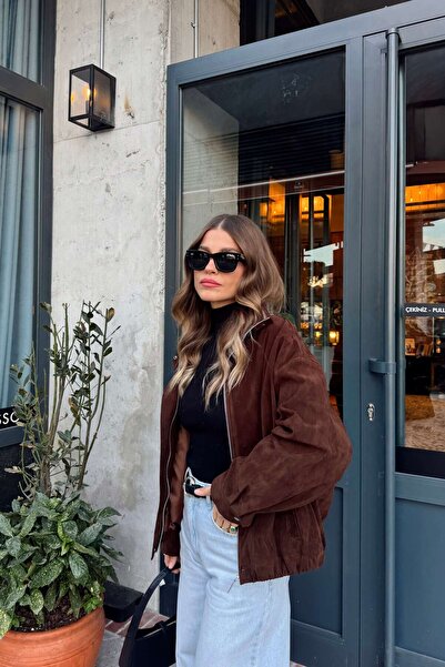 Sue Store Σκούρο καφέ σουέτ μπουφάν με ελαστική μέση και επένδυση ψηλός λαιμός