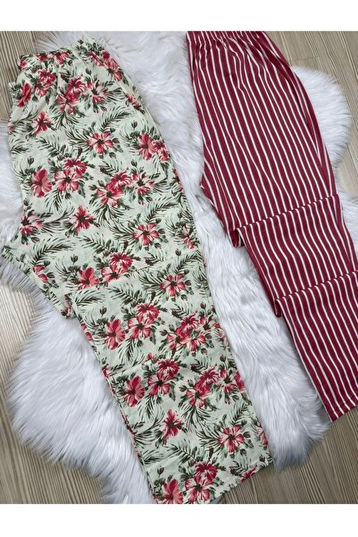 Pijamacs Πράσινο λουλουδάτο και μπορντό ριγέ μεγάλο μέγεθος 2 τεμαχίων πιτζάμες