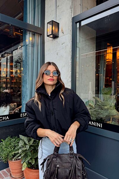 Sue Store Black Drawstring Waist Lined Oversized Puffer Jacket