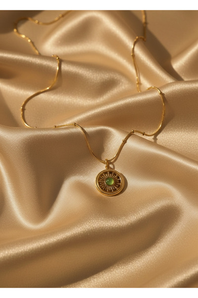 staınless steel Yeşil Taşlı Zarif Vintage Çelik Kolye(Çapı:1,4cm)