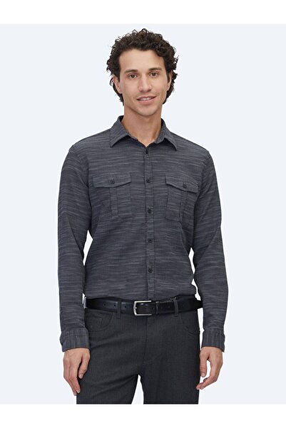 Kip Anthracite Regular Fit Woven Casual Cotton Blend Shirt