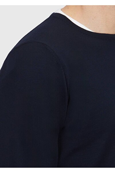 Ramsey Navy Blue Crew Neck Plain Knit Wool Blended Sweater