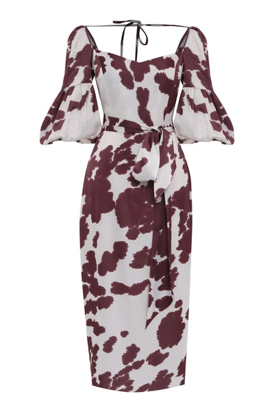 Keikei Desenli Saten Kapri Kol Orta Boy Elbise