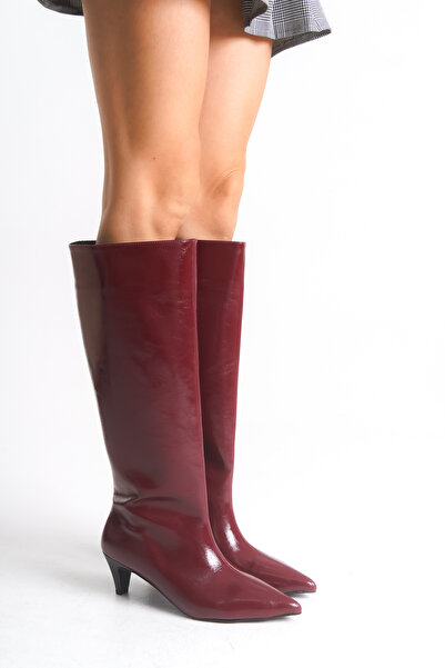 LEVONYA Γυναικείες μπότες με μυτερό τακούνι από λουστρίνι μπορντό