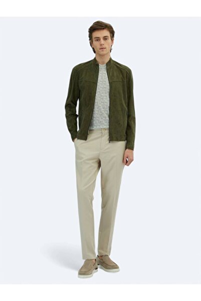 Kip Khaki Regular Fit Mock Neck Smart Casual Leather Coat