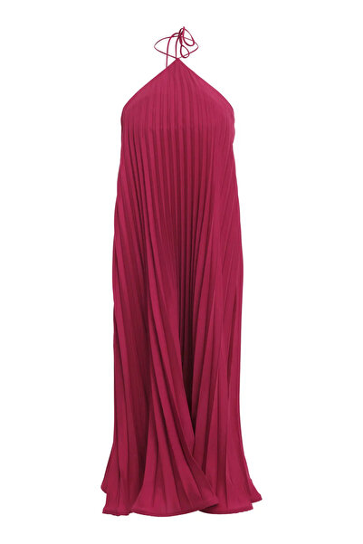 Keikei Fuşya Saten Kolsuz Orta Boy Elbise