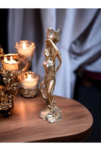 Dekorasyon Bahçesi Altın Renk Kadın Figürlü Şamdan – El Yapımı Taş Tozu Şamdan - Vintage Eskitme Şamdan