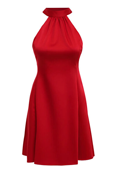 Keikei Kırmızı Saten Kolsuz Kısa Elbise