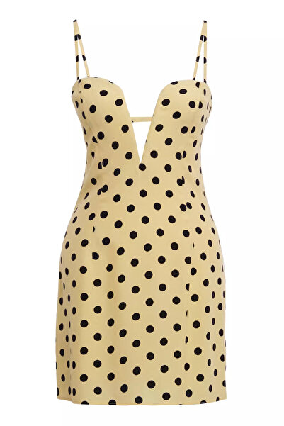 Keikei Desenli Saten Kolsuz Kısa Elbise