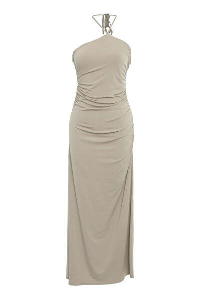 Keikei Bej örme Kolsuz Orta Boy Elbise