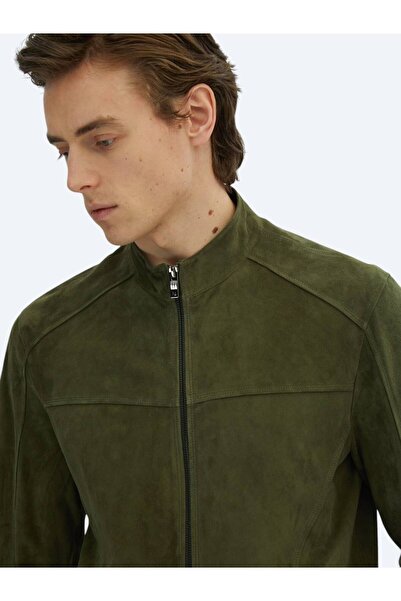 Kip Khaki Regular Fit Mock Neck Smart Casual Leather Coat