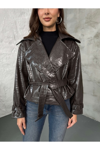 Elif Özbey Butik Brown Textured Leather Jacket
