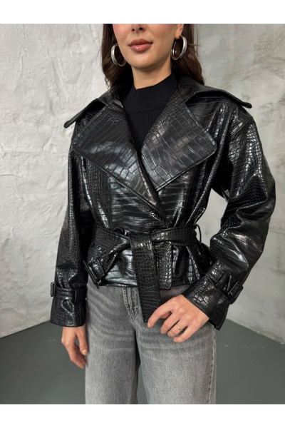 Elif Özbey Butik Black Textured Leather Jacket