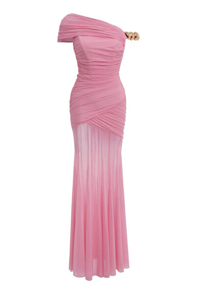 Keikei Pembe Tül Kolsuz Uzun Elbise