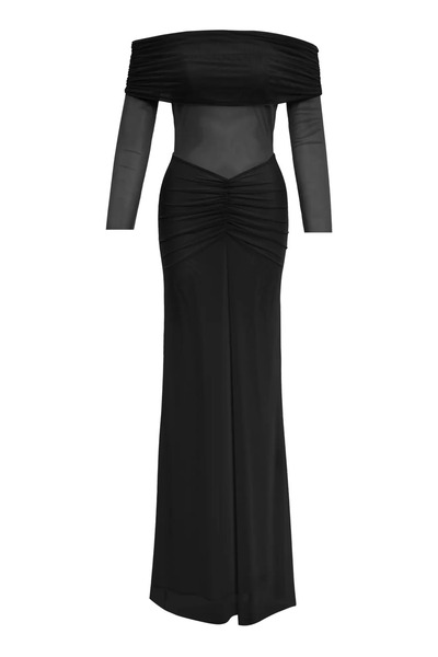 Keikei Siyah Tül Uzun Kol Uzun Elbise