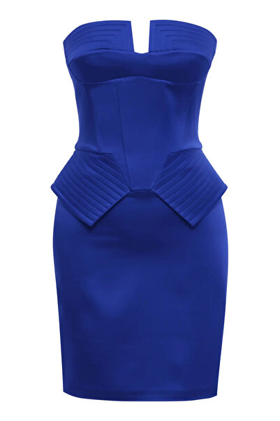 Keikei Saks Mavisi Saten Kolsuz Kısa Elbise