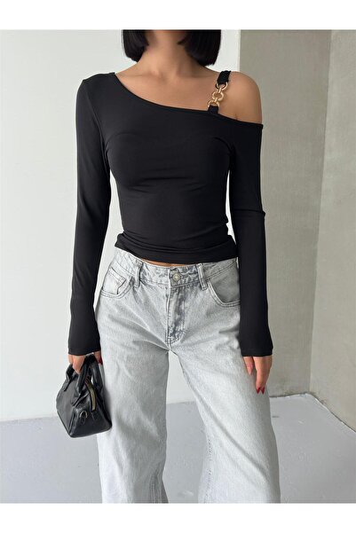 aytenli Asymmetrical Neckline Accessory Detail Shoulder Strap Long Sleeve Stylish Diver Blouse